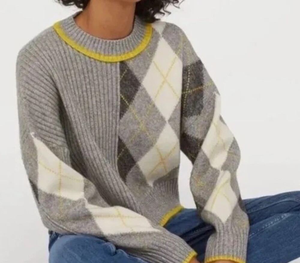 Pringle of Scotland x H&M Argyle Colorblock Knit Sweater Gray Yellow XL